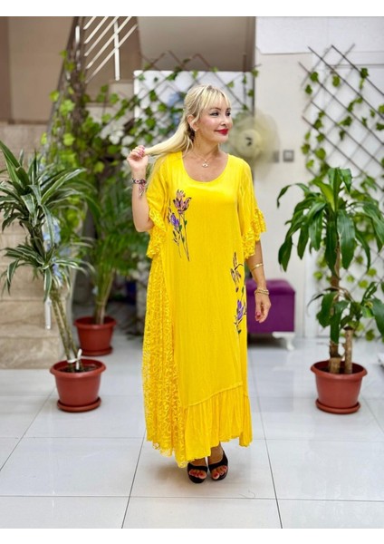 VL7795 Dantel Detay Çiçek Baskılı Vual Elbise Sarı