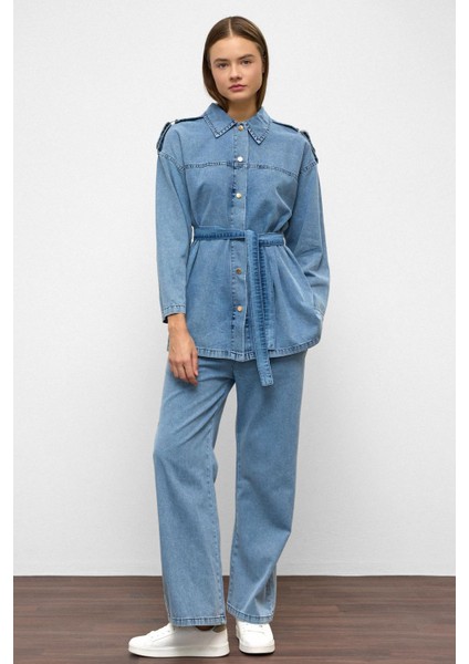 Apolet Detaylı Tunik Pantolon Denim Takım Mavi 9381-TK modelleri