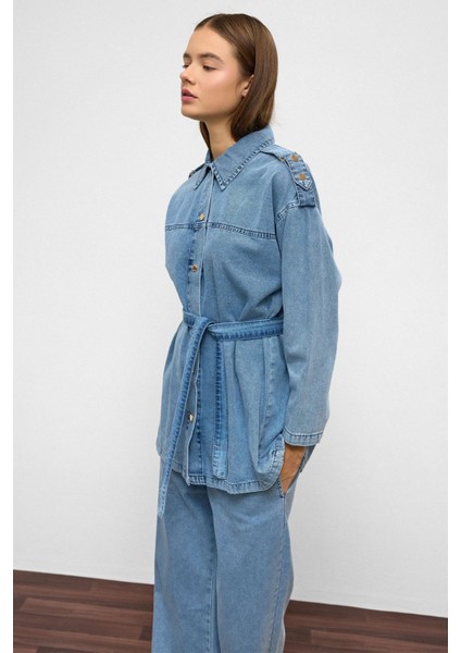 Apolet Detaylı Tunik Pantolon Denim Takım Mavi 9381-TK indirimleri