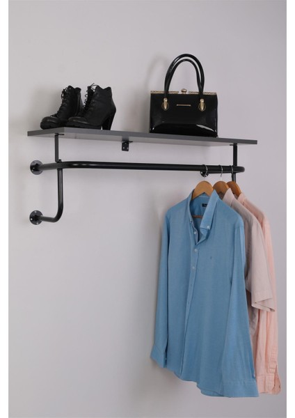 Destekli ve Raflı Yuvarlak Borudan U Askı 90 cm Siyah