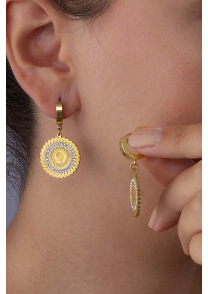 Çeyrek Altın Model Zirkon Taşlı Altın Kaplama Çelik Kadın Sallantılı Küpe