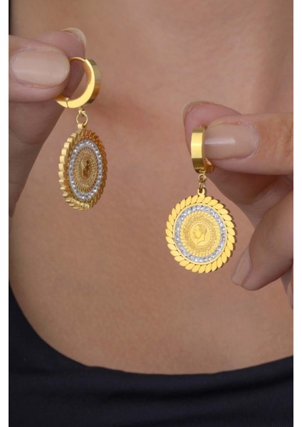 Çeyrek Altın Model Zirkon Taşlı Altın Kaplama Çelik Kadın Sallantılı Küpe modelleri