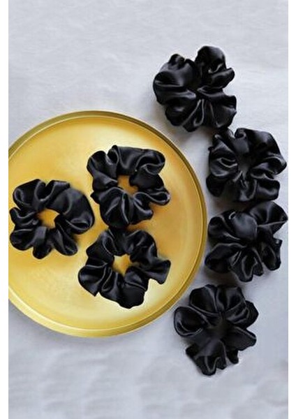 Kadın 6'lı Siyah Saten Saç Lastik Toka Seti