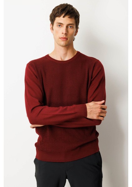 Erkek Sıfır Yaka Önü Baklavalı Triko Kazak Bordo