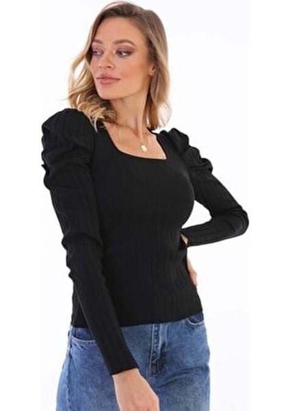 Kadın Siyah Kolu Pileli Büzgülü Prenses Kol Kare Yaka Bluz Kazak fiyatları