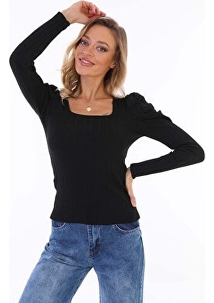 Kadın Siyah Kolu Pileli Büzgülü Prenses Kol Kare Yaka Bluz Kazak modelleri