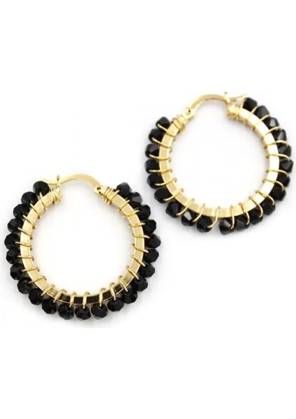 Kristal Boncuk Halka Küpe - Siyah