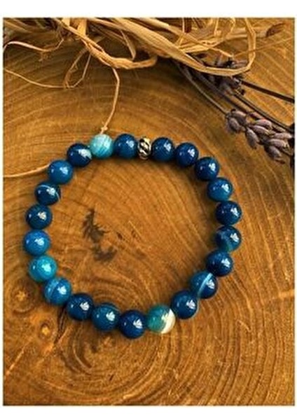 Mavi Akik Doğal Taş Bileklik Unisex Kullanıma Uygun Şık Tasarım