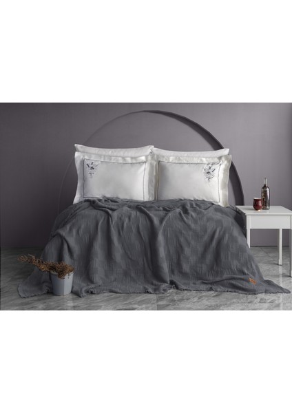 Garden Nakışlı El-Işi Kırlent & Örtü Takımı - Antrasit