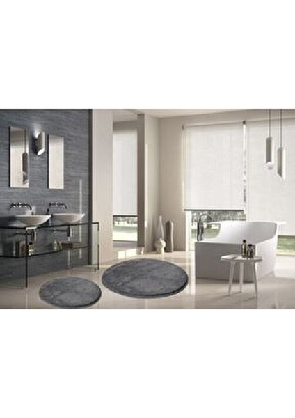 2li Yuvarlak Post Peluş Banyo Paspası Tak Kaymaz Taban Klozet Antrasit 100X100 60X60