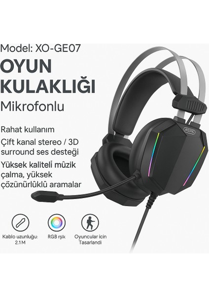 GE07 Rgb Işıklı Mikrofonlu Oyuncu Kulaklığı – 3D Surround Ses, Pc Uyumlu