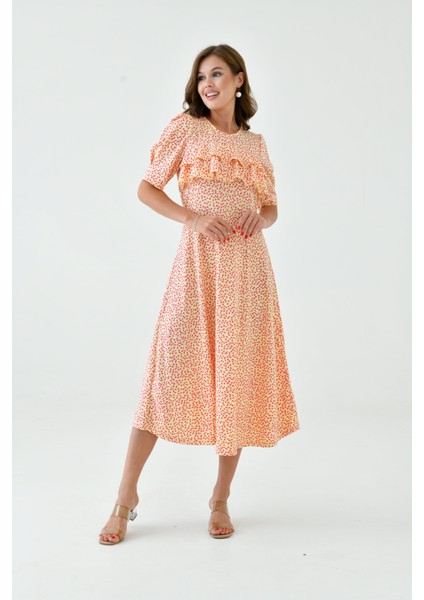 Kadın Çiçekli Kare Yaka Yarım Volanlı Kol Spor Şık Yazlık Uzun Elbise