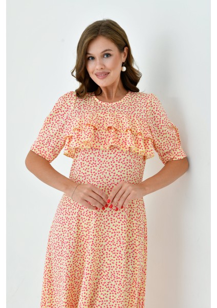 Kadın Çiçekli Kare Yaka Yarım Volanlı Kol Spor Şık Yazlık Uzun Elbise fırsatları