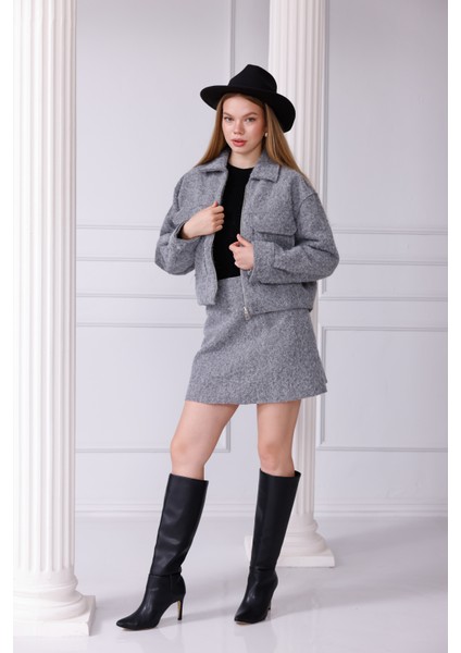 Önden Fermuarlı Cepli Kaşe Takım - Etek Ceket Kombin