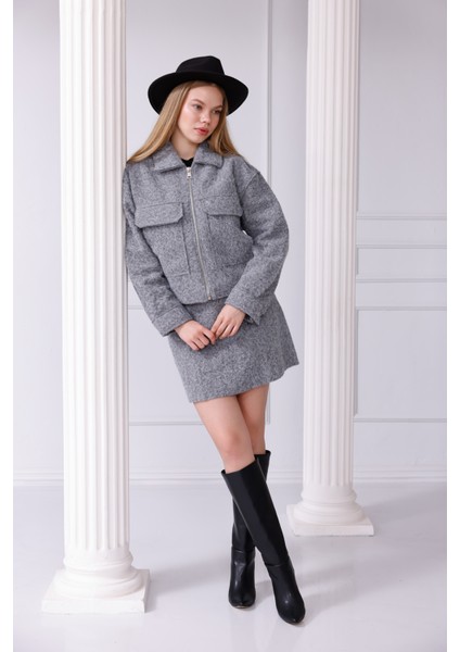 Önden Fermuarlı Cepli Kaşe Takım - Etek Ceket Kombin fiyatları