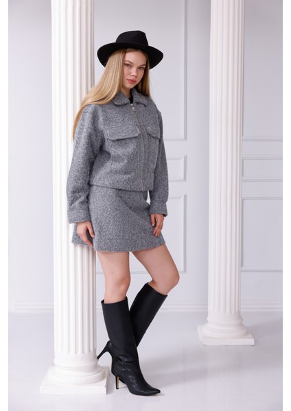 Önden Fermuarlı Cepli Kaşe Takım - Etek Ceket Kombin modelleri