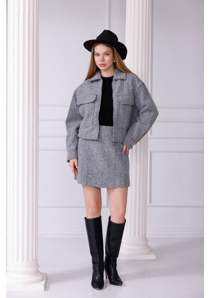 Önden Fermuarlı Cepli Kaşe Takım - Etek Ceket Kombin indirimleri