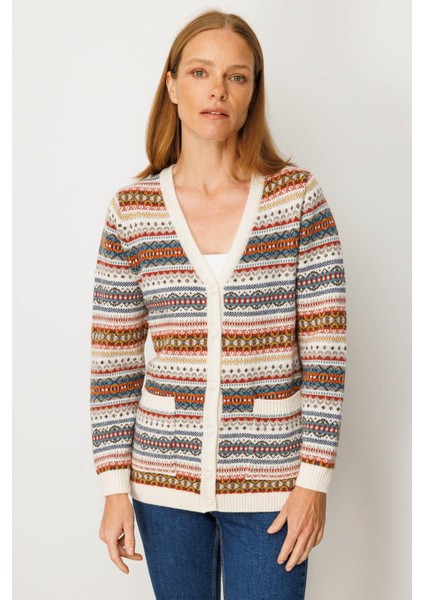 Kadın V Yaka Jakarlı Yün Hırka Kemik