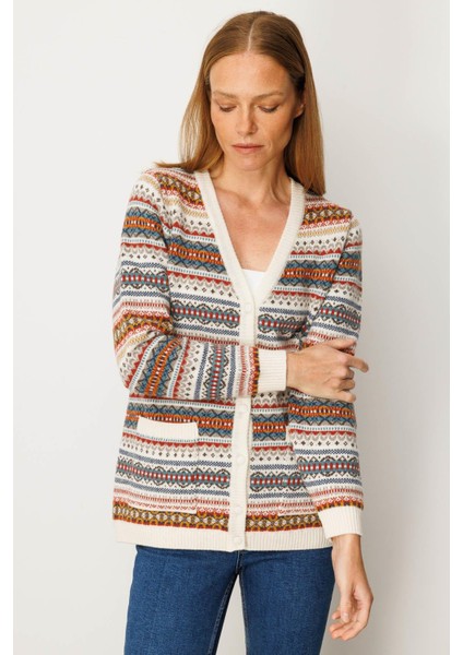 Kadın V Yaka Jakarlı Yün Hırka Kemik fiyatları