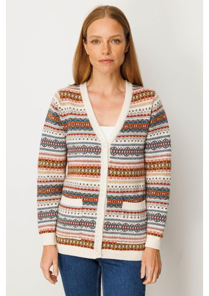 Kadın V Yaka Jakarlı Yün Hırka Kemik modelleri