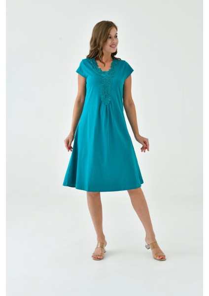 Kadın Yakası Güpürlü A Kesim Yarım Kol Viskon Günlük Midi Boy Büyük Beden Elbise Gecelik fırsatları