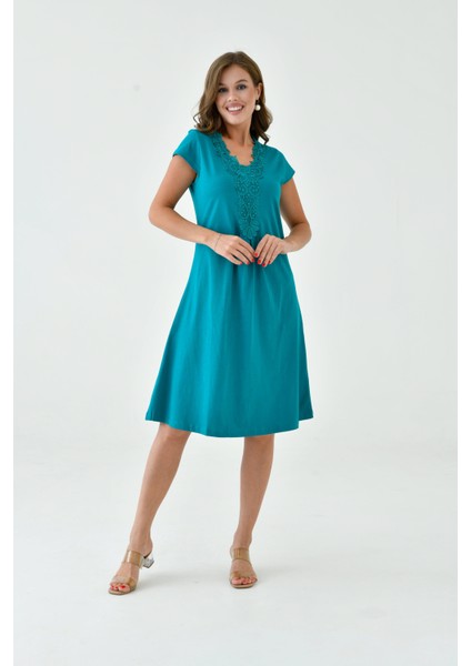 Kadın Yakası Güpürlü A Kesim Yarım Kol Viskon Günlük Midi Boy Büyük Beden Elbise Gecelik indirimleri