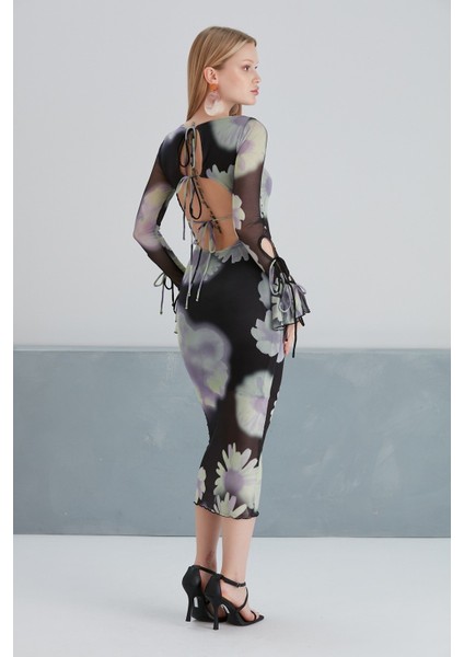 Kadın Sırt Dekolteli Uzun Boy Çiçekli Tül Spor Şık Siyah Kol Detaylı Elbise