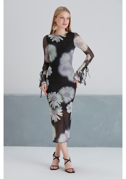 Kadın Sırt Dekolteli Uzun Boy Çiçekli Tül Spor Şık Siyah Kol Detaylı Elbise fiyatları