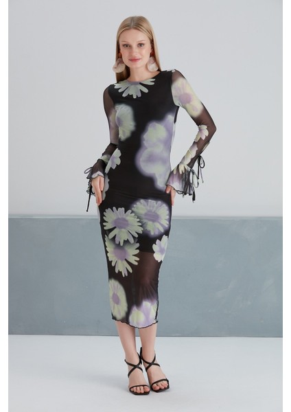 Kadın Sırt Dekolteli Uzun Boy Çiçekli Tül Spor Şık Siyah Kol Detaylı Elbise indirimleri