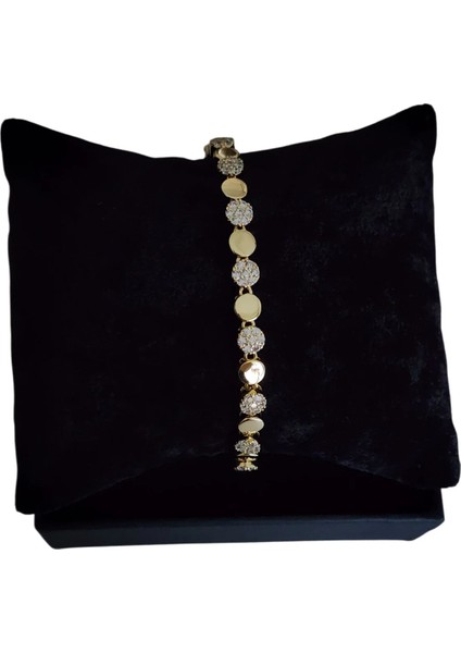 Çelik Vip Serisi 14K Görünümlü Taşlı Yuvarlak Motifli Bileklik