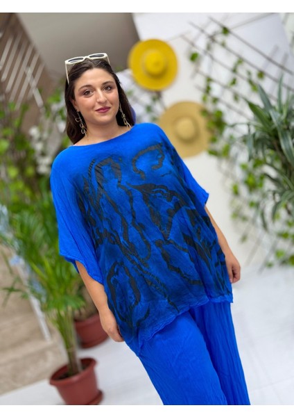 VL3009 Yarasa Kol Baskılı Vual Bluz Saks