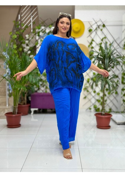 VL3009 Yarasa Kol Baskılı Vual Bluz Saks modelleri