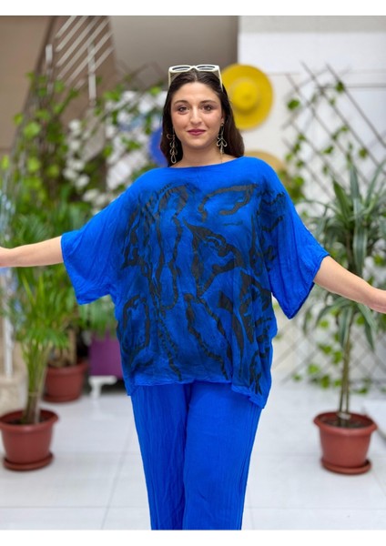 VL3009 Yarasa Kol Baskılı Vual Bluz Saks fırsatları