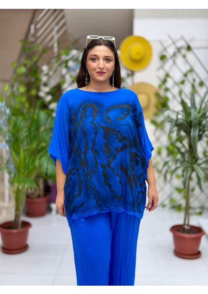 VL3009 Yarasa Kol Baskılı Vual Bluz Saks indirimleri