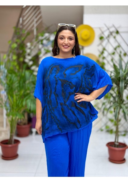 VL3009 Yarasa Kol Baskılı Vual Bluz Saks