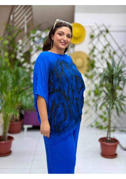 VL3009 Yarasa Kol Baskılı Vual Bluz Saks