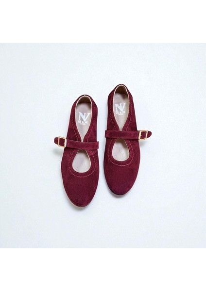 Bordo Süet Hakiki Deri Tokalı Kadın Babet