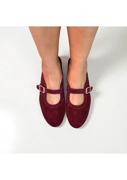 Bordo Süet Hakiki Deri Tokalı Kadın Babet modelleri