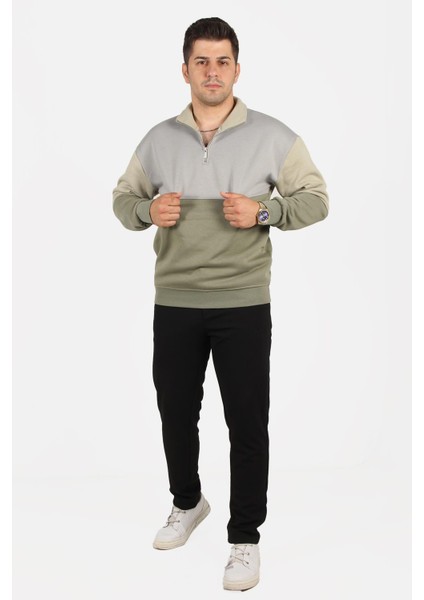 5719 Dik Yaka Yarım Fermuarlı Parçalı Üç Iplik Şardonlu Sweat