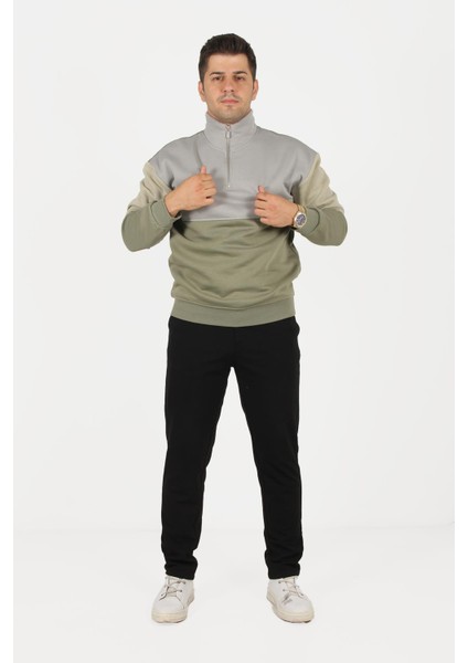 5719 Dik Yaka Yarım Fermuarlı Parçalı Üç Iplik Şardonlu Sweat