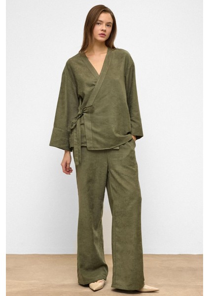 Önü Bağlamalı Süet Görünümlü Kimono Ikili Takım Haki 9366-TK