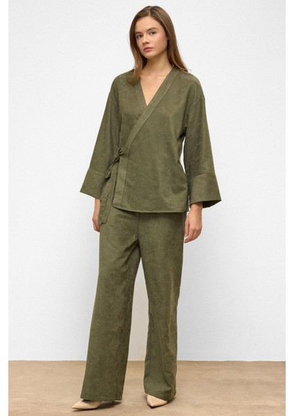 Önü Bağlamalı Süet Görünümlü Kimono Ikili Takım Haki 9366-TK fiyatları