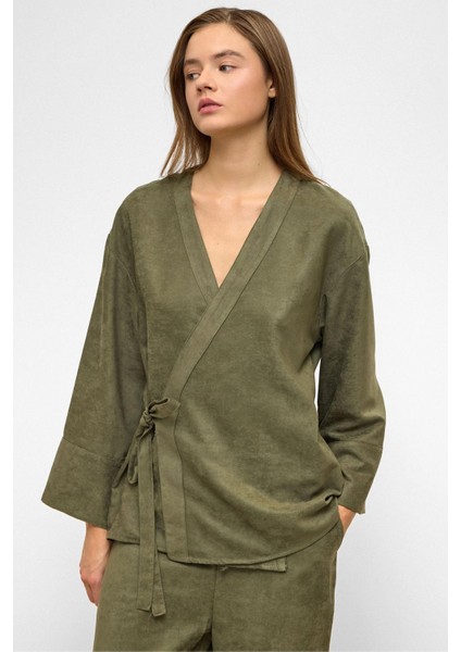 Önü Bağlamalı Süet Görünümlü Kimono Ikili Takım Haki 9366-TK modelleri
