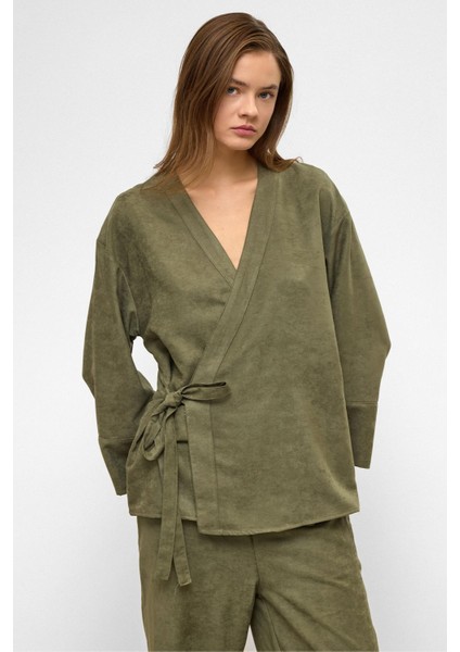 Önü Bağlamalı Süet Görünümlü Kimono Ikili Takım Haki 9366-TK fırsatları