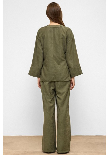 Önü Bağlamalı Süet Görünümlü Kimono Ikili Takım Haki 9366-TK indirimleri