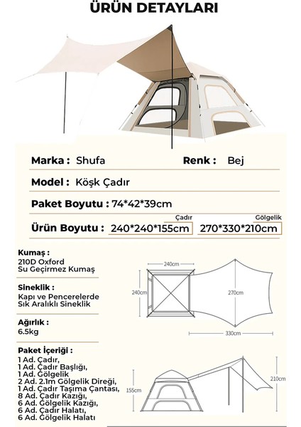 Köşk Çadır Gölgelik ve Çadır Bir Arada 240X240X155 cm Bej -ZP15 fiyatları