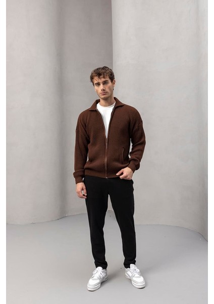 Coppola Selanik Örgü Polo Yaka Cepli Fermuarlı Rahat Kalıp Erkek Triko Hırka - Kahve