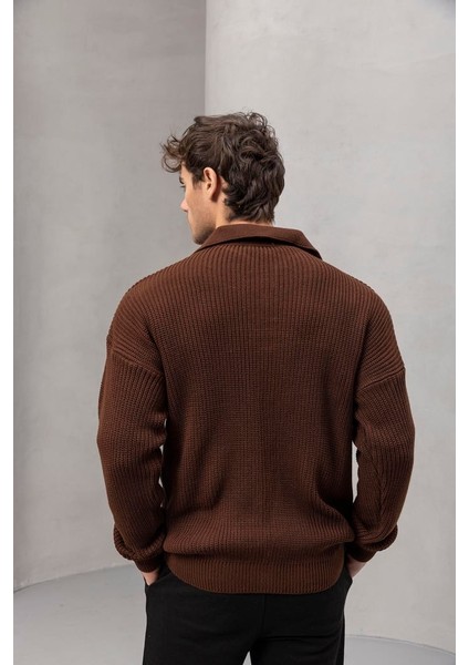 Coppola Selanik Örgü Polo Yaka Cepli Fermuarlı Rahat Kalıp Erkek Triko Hırka - Kahve