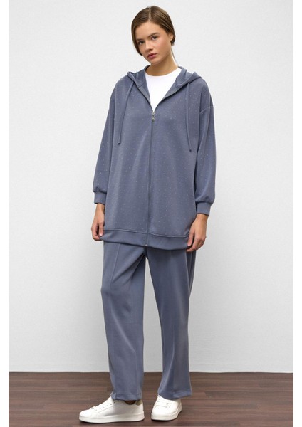 Kapüşonlu Fermuarlı Taş Bezeli Premium Kumaş Sweat Pantolon Takım Mavi 9371-TK