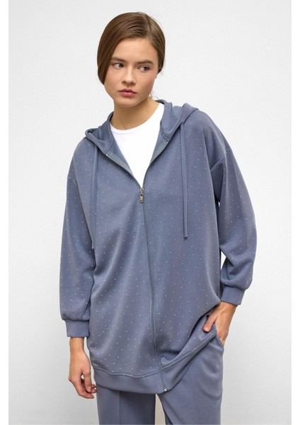 Kapüşonlu Fermuarlı Taş Bezeli Premium Kumaş Sweat Pantolon Takım Mavi 9371-TK fiyatları